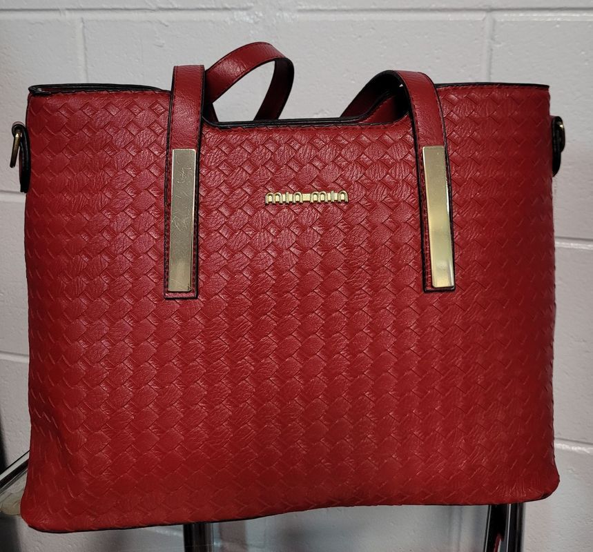 Red Woven Tote Bag With Gold Accents and Handles — Shona's Lingerie in Hermit Park, QLD