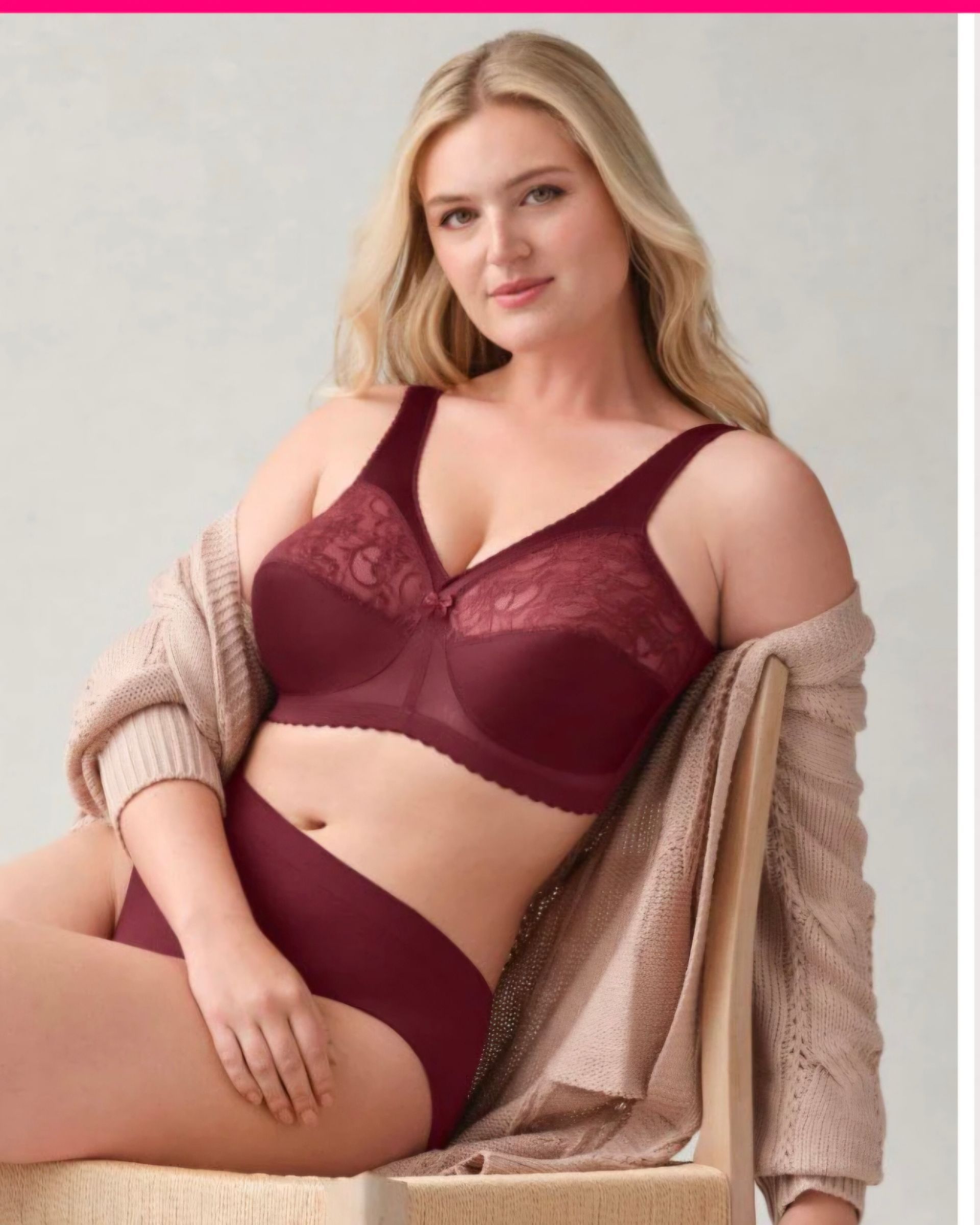 Blonde Model in Burgundy Lingerie and Beige Cardigan — Shona's Lingerie in Hermit Park, QLD