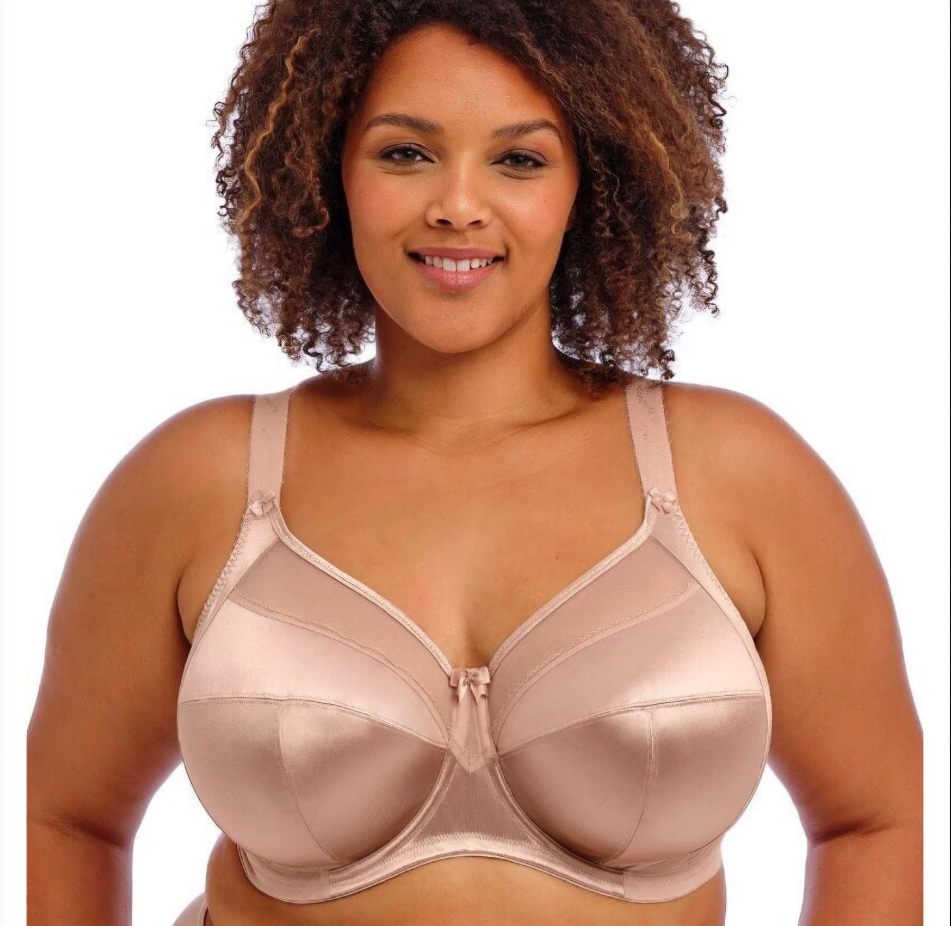 Woman Modeling a Beige Satin Bra on a White Background — Shona's Lingerie in Hermit Park, QLD