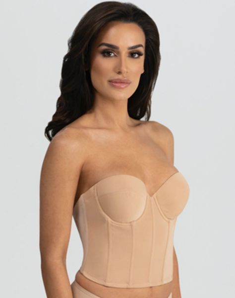 Woman wearing a beige strapless corset top, posing against a light gray background — Shona's Lingerie in Hermit Park, QLD