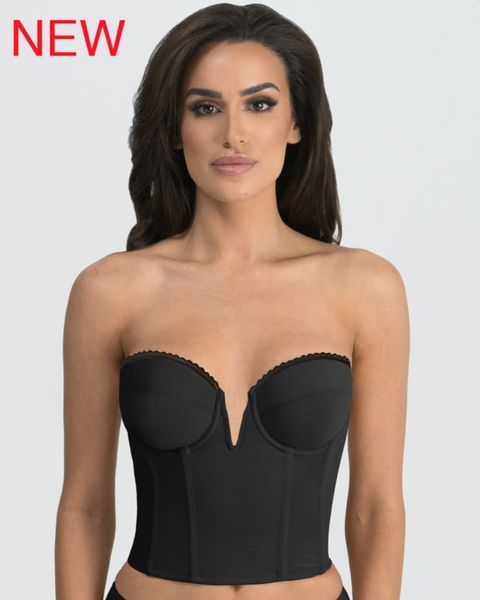 Black strapless corset top with sweetheart neckline on a model, marked “NEW” in the corner — Shona's Lingerie in Hermit Park, QLD