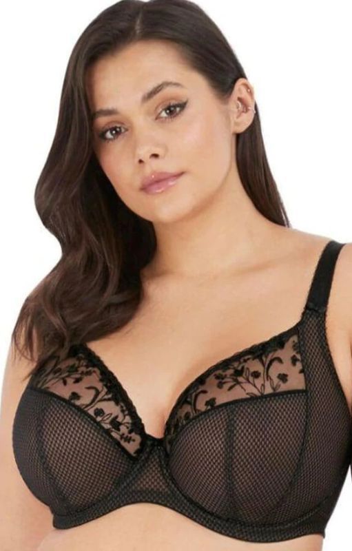 Woman in Black Bra With Sheer Netting and Floral Embroidery — Shona's Lingerie in Hermit Park, QLD