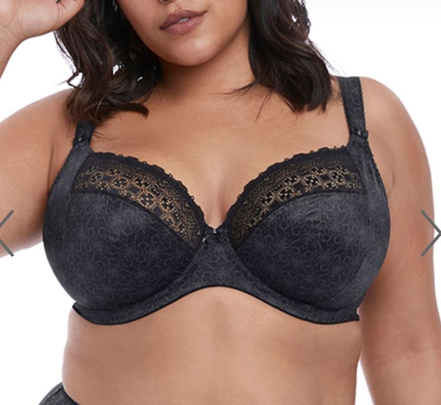 Woman Wearing a Dark Gray Lace Bra With Floral Details and Decorative Trim — Shona's Lingerie in Hermit Park, QLD