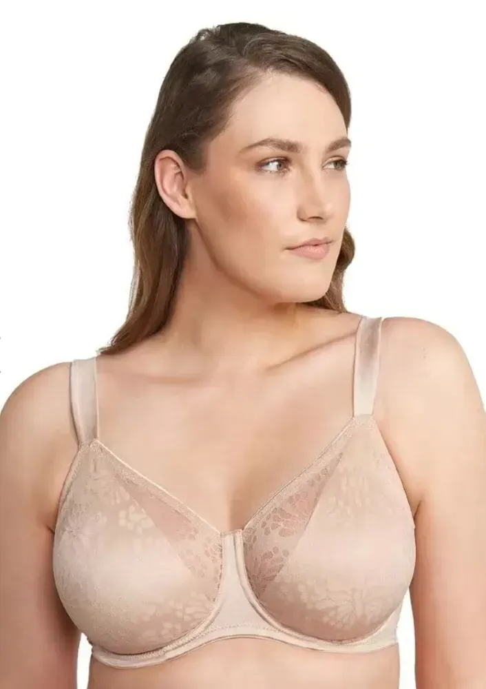 Woman Wearing a Beige Lace Bra — Shona's Lingerie in Hermit Park, QLD