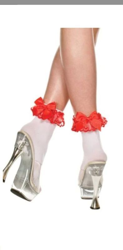 Legs Crossed, Wearing White Socks With Red Ruffles, Silver High Heels — Shona's Lingerie in Hermit Park, QLD