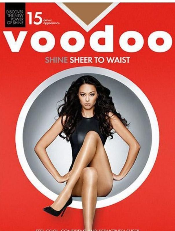 Voodoo Hosiery Advertisement. Woman in Black Outfit Poses — Shona's Lingerie in Hermit Park, QLD