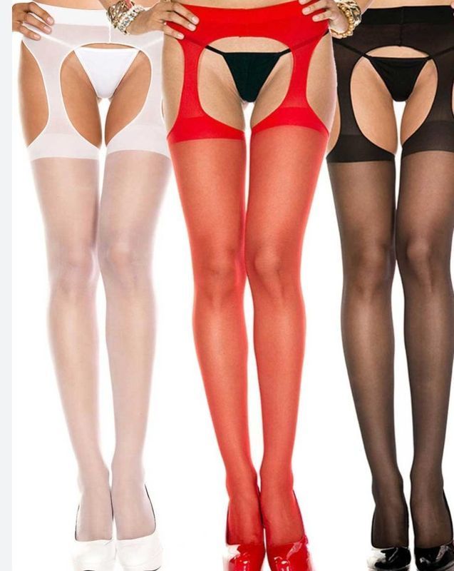 Three Pairs of Women's Open-crotch Stockings in White, Red, and Black — Shona's Lingerie in Hermit Park, QLD