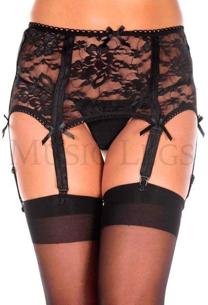 Black Lace Garter Belt With Attached Suspenders, Over Black Stockings — Shona's Lingerie in Hermit Park, QLD