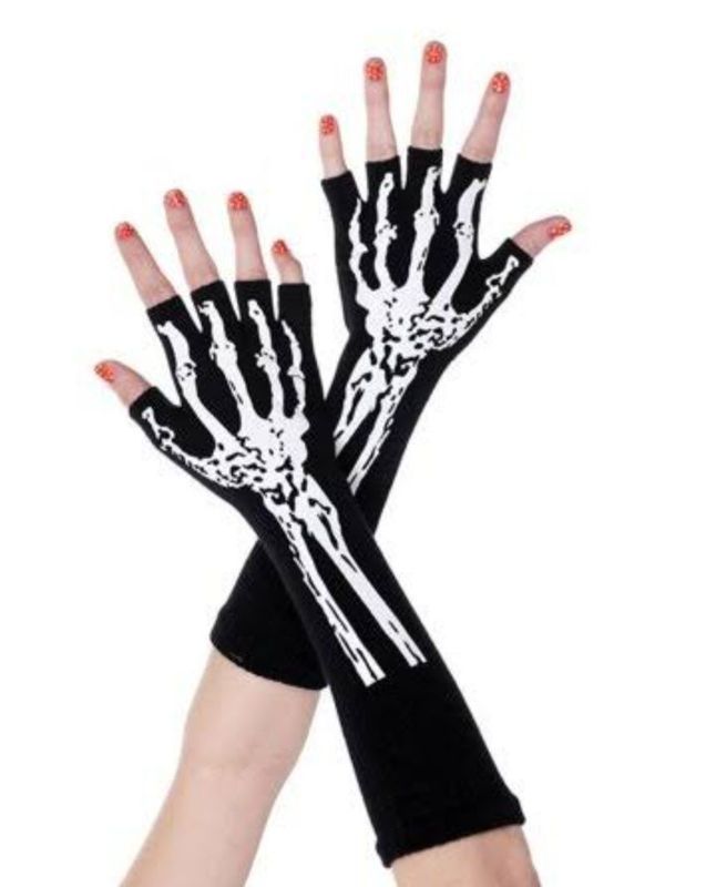 Black Fingerless Gloves With White Skeleton Hand Print on Them — Shona's Lingerie in Hermit Park, QLD