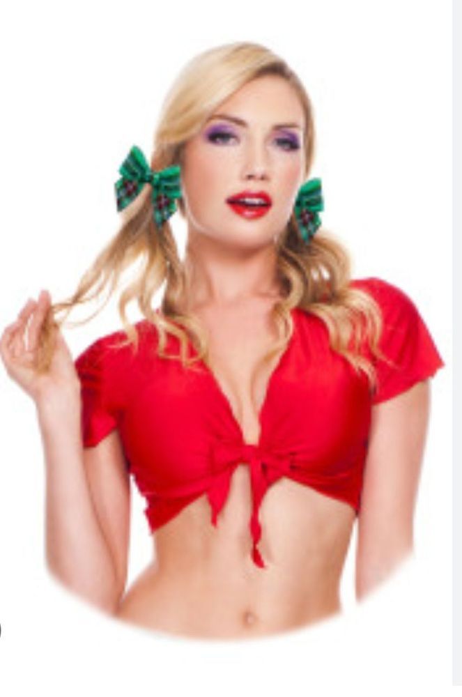 Blonde Woman With Pigtails Wearing a Red Crop Top, Pulling Hair — Shona's Lingerie in Hermit Park, QLD