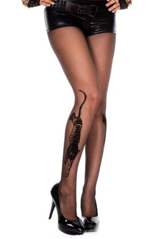 Woman Wearing Black Sheer Tights With a Cat Design, Black Shorts, and Heels — Shona's Lingerie in Hermit Park, QLD