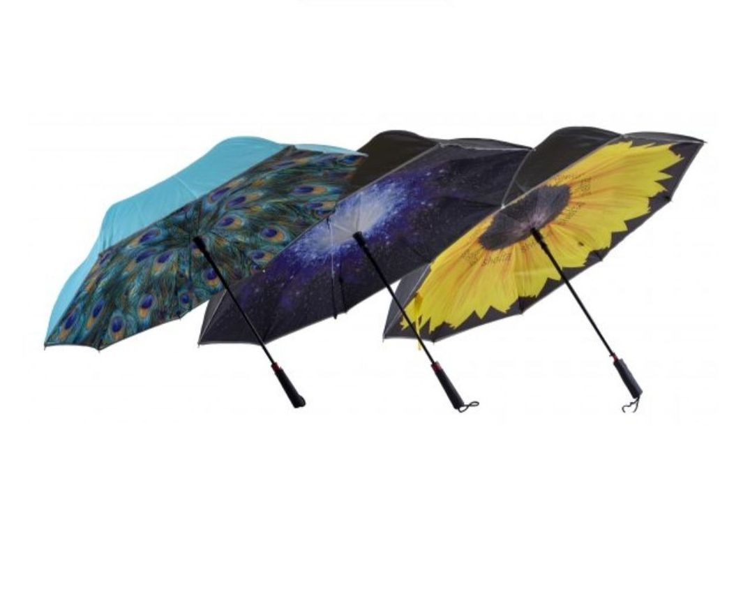 Three Open Umbrellas With Colorful Patterns, Peacock Feathers, Galaxy, and Sunflower — Shona's Lingerie in Hermit Park, QLD