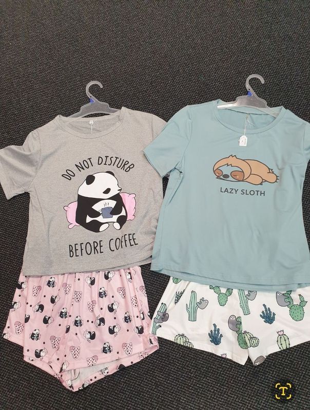 Two Pajama Sets: Grey Panda Set, Pink Shorts — Shona's Lingerie in Hermit Park, QLD