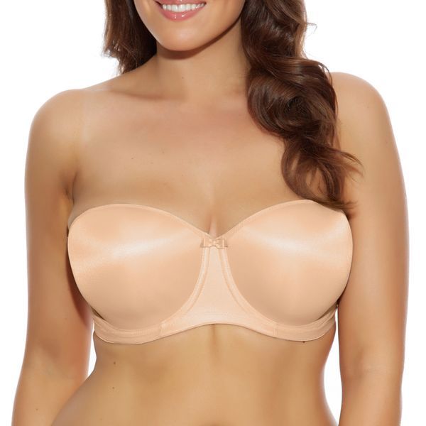 Woman Wearing a Beige Strapless Bra, Smiling, Torso Up — Shona's Lingerie in Hermit Park, QLD