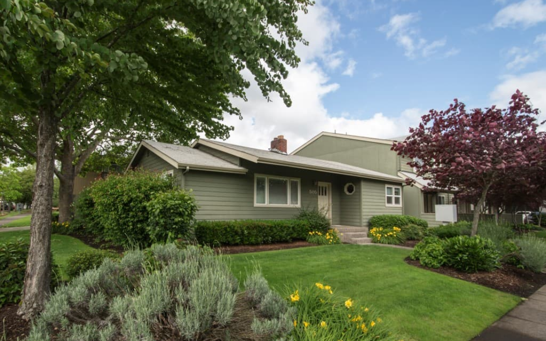 The exterior of a green, single story home with green front lawn, trees and bushes