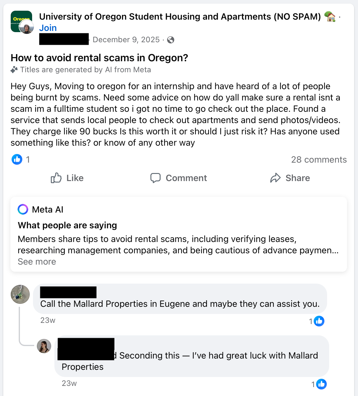 A Facebook thread from the University of Oregon Student Housing and Apartments group
