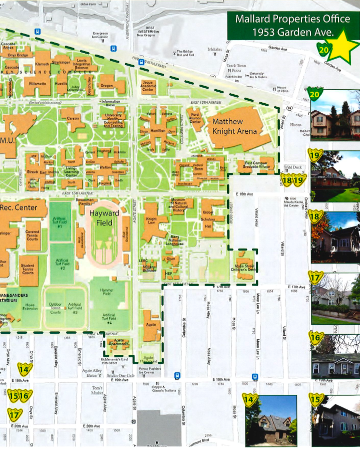 A map of Mallard Properties off-campus housing near the University of Oregon