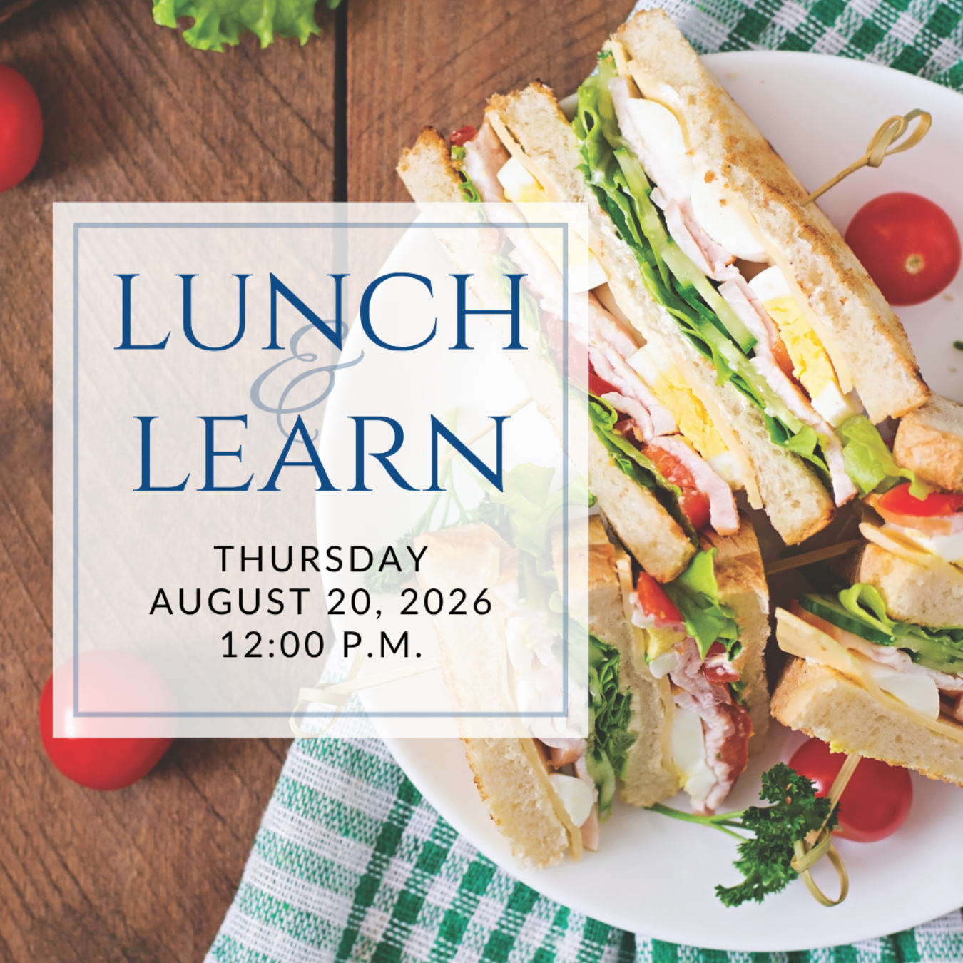 a plate of sandwiches on a table with the words lunch & learn on it