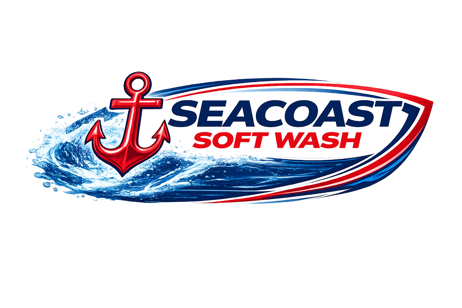 Logo: Red anchor on blue wave, text "Seacoast Soft Wash" in white and red within blue and red outline.