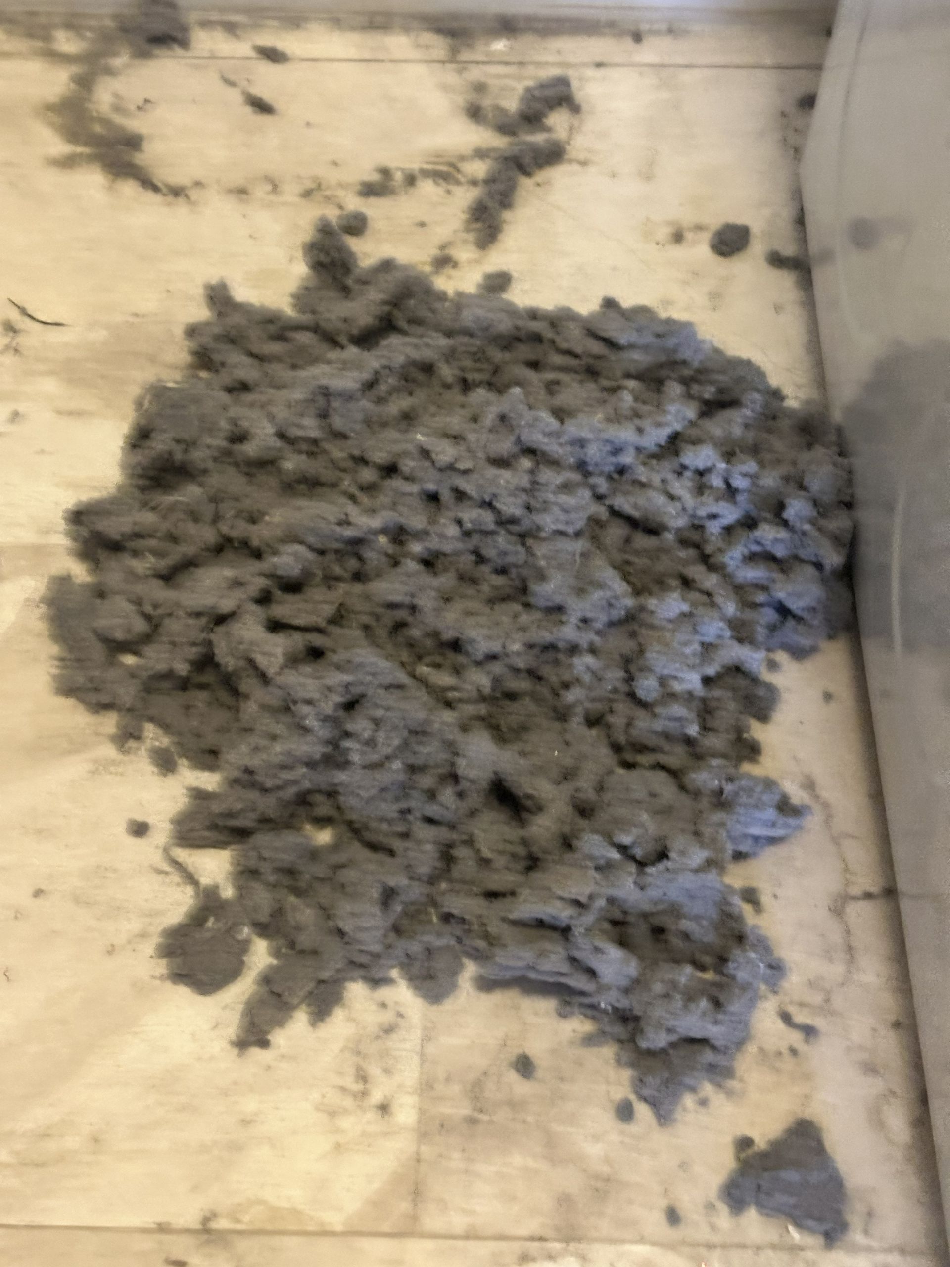 Pile of wet gray mud on a light tiled floor.