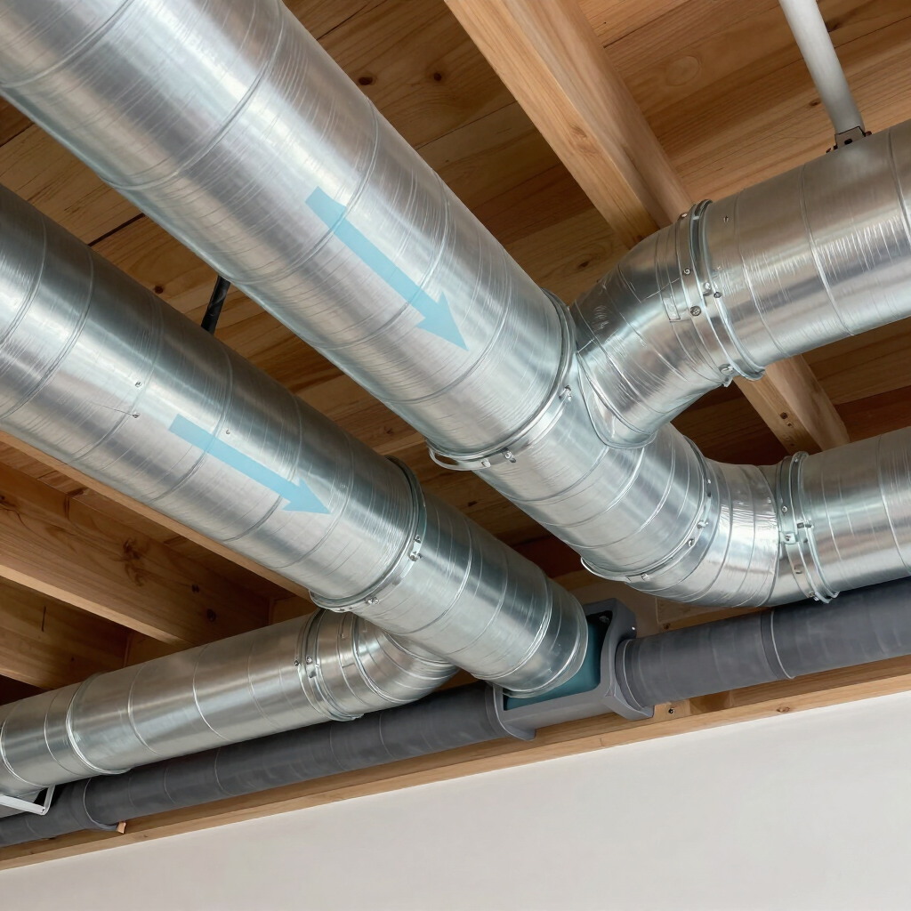 Exposed silver HVAC ducts running along a wooden ceiling with visible beams