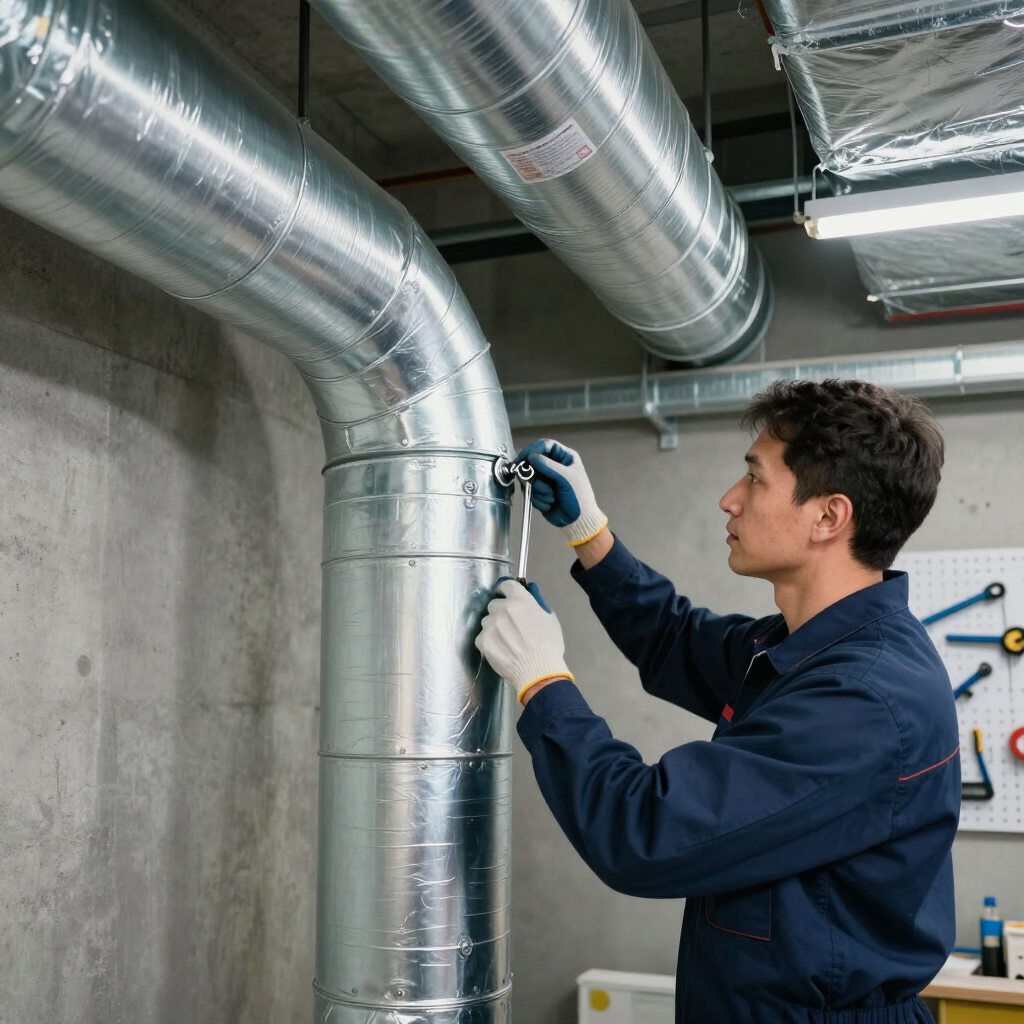 Technician inspecting silver HVAC ductwork with a tool in an industrial utility room