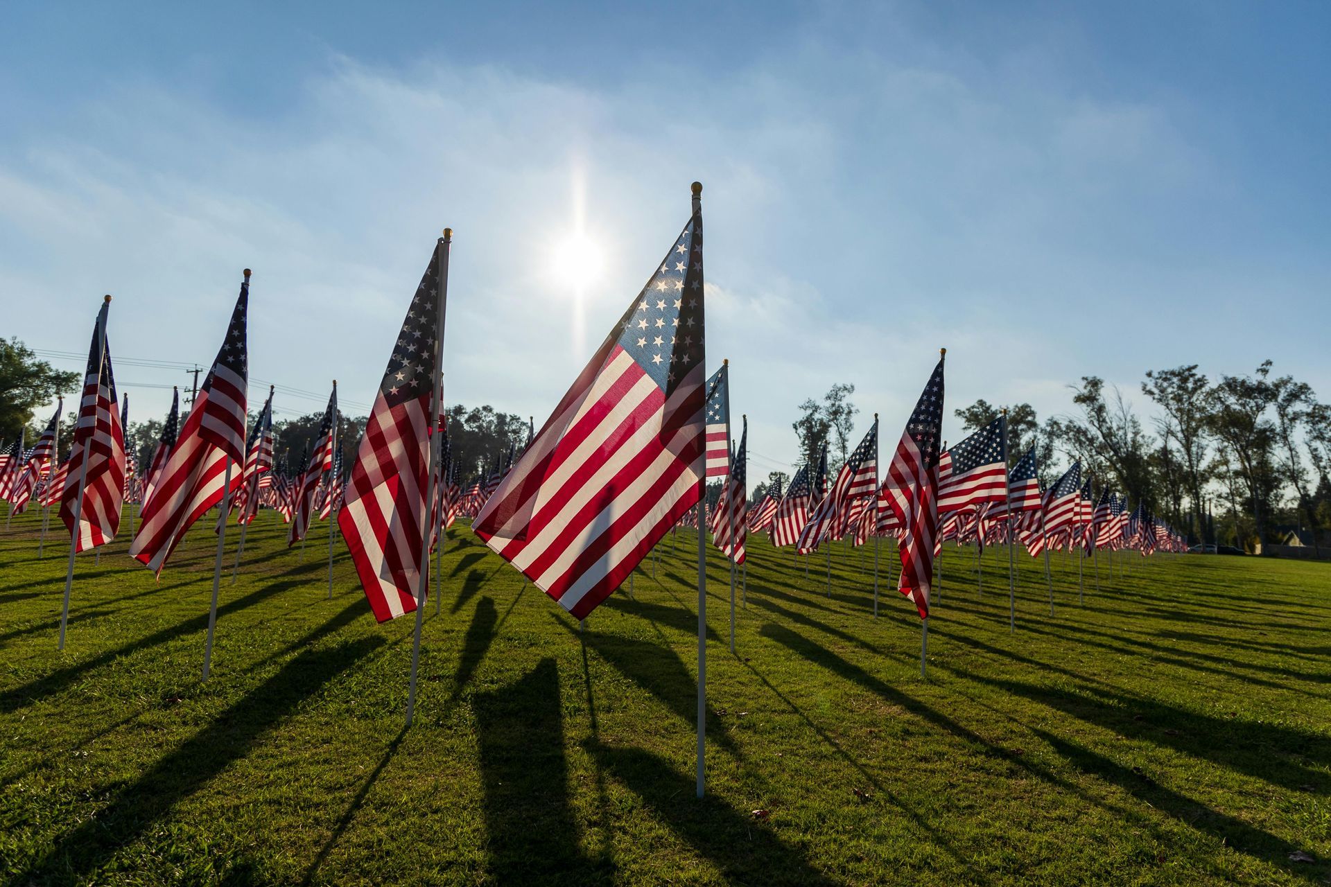 A field filled with lots of american flags on a sunny day.