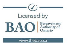 Licensed by BAO, Bereavement Authority of Ontario logo with website www.thebao.ca