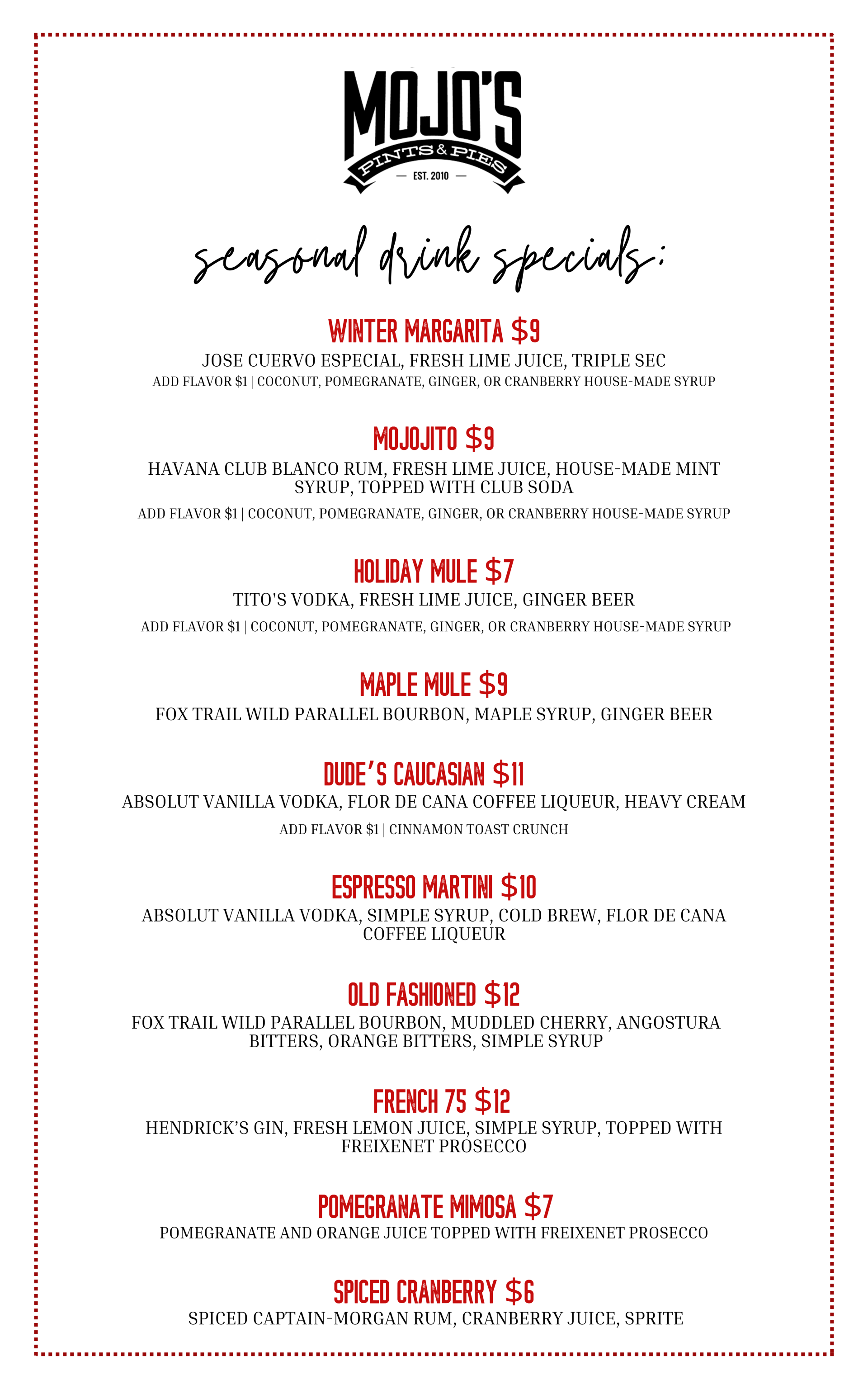 Drink Menus Mojo's Pints & Pies