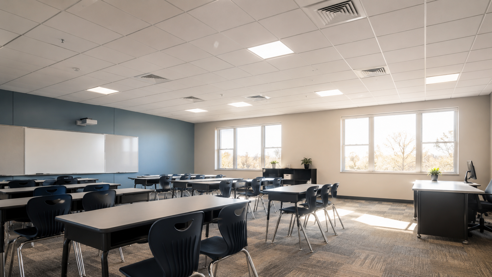 Clean Wisconsin classroom with ceiling vents showing the importance of air duct cleaning for schools