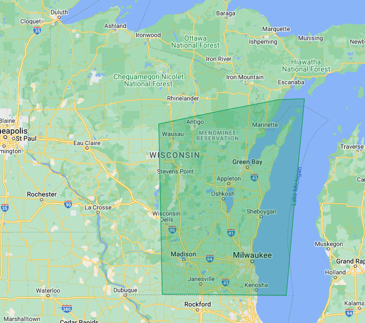 Map of Wisconsin highlighted with a blue polygon, showing major cities and surrounding areas.