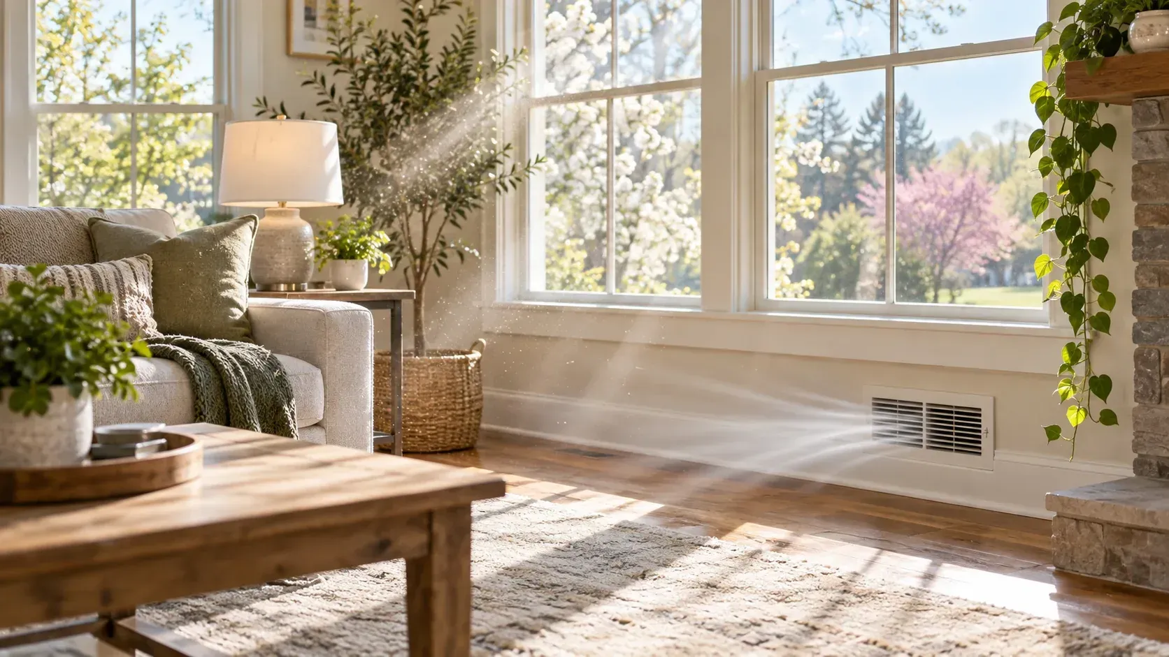 Sunlit Wisconsin living room with clean wall vent showing airflow and indoor air quality