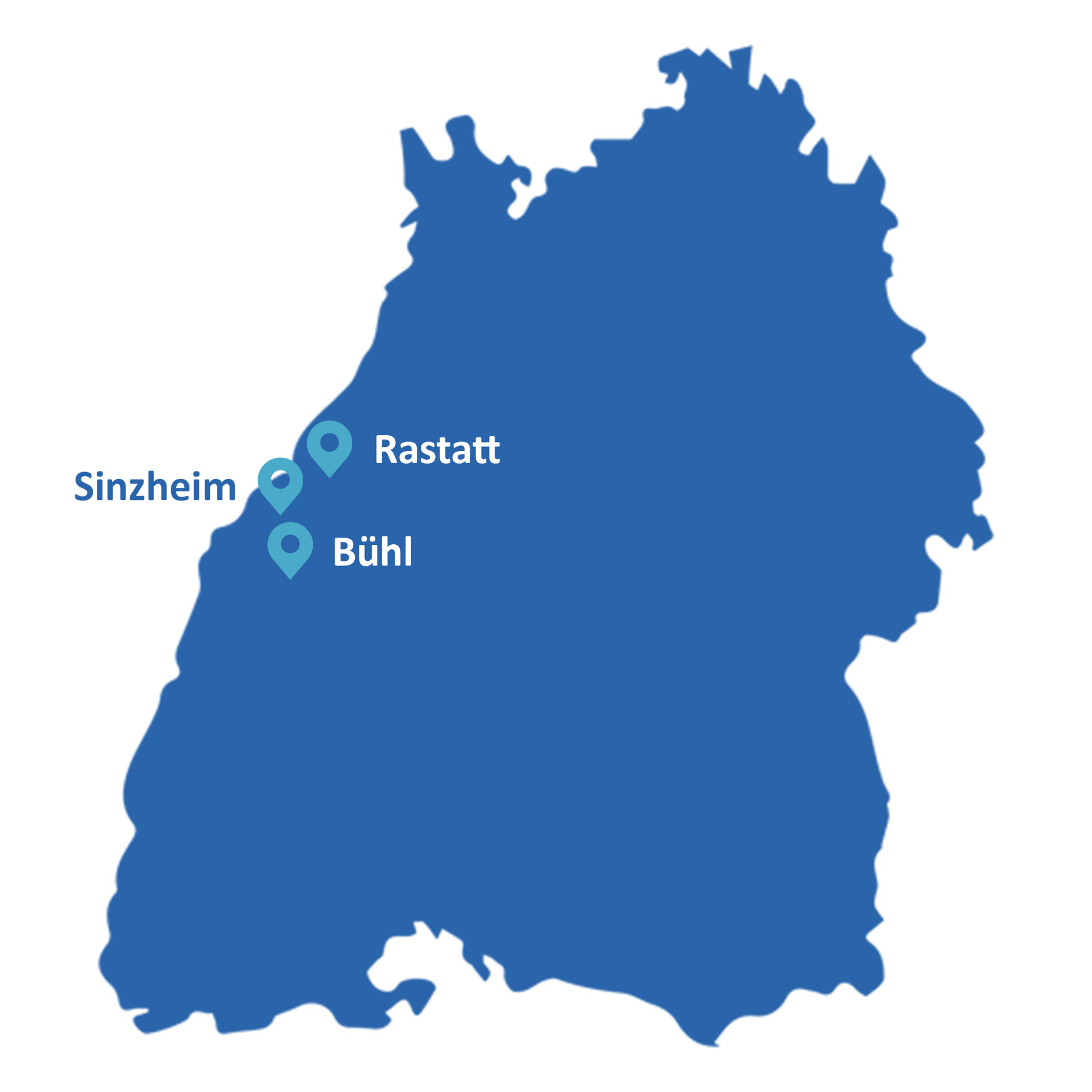 Standorte der Sozialstationen Mittelbaden in Rastatt, Bühl und Sinzheim auf einer Karte.