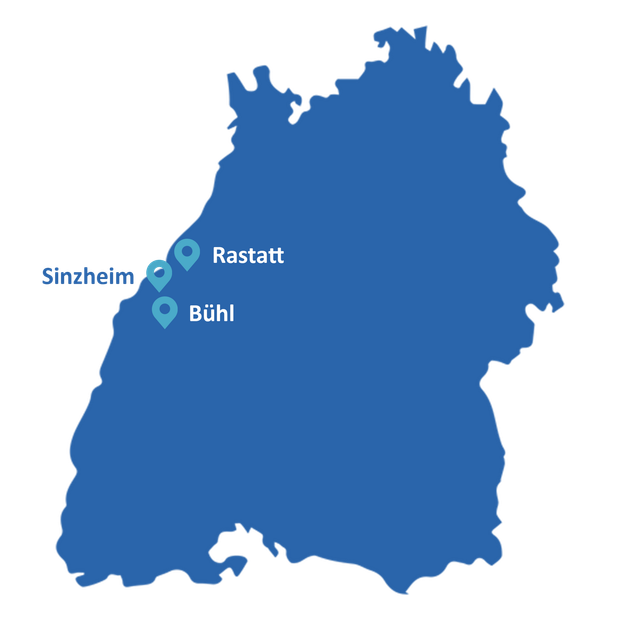 Standorte der Sozialstationen Mittelbaden in Rastatt, Bühl und Sinzheim auf einer Karte.