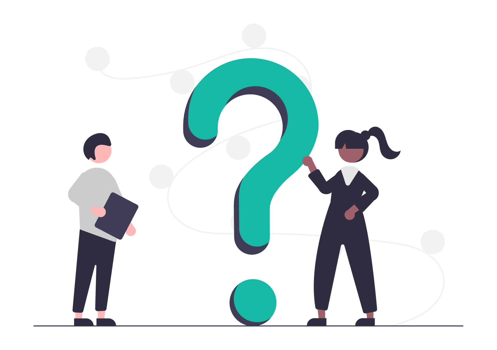 Two people standing near a large question mark. One holds a file, the other points.