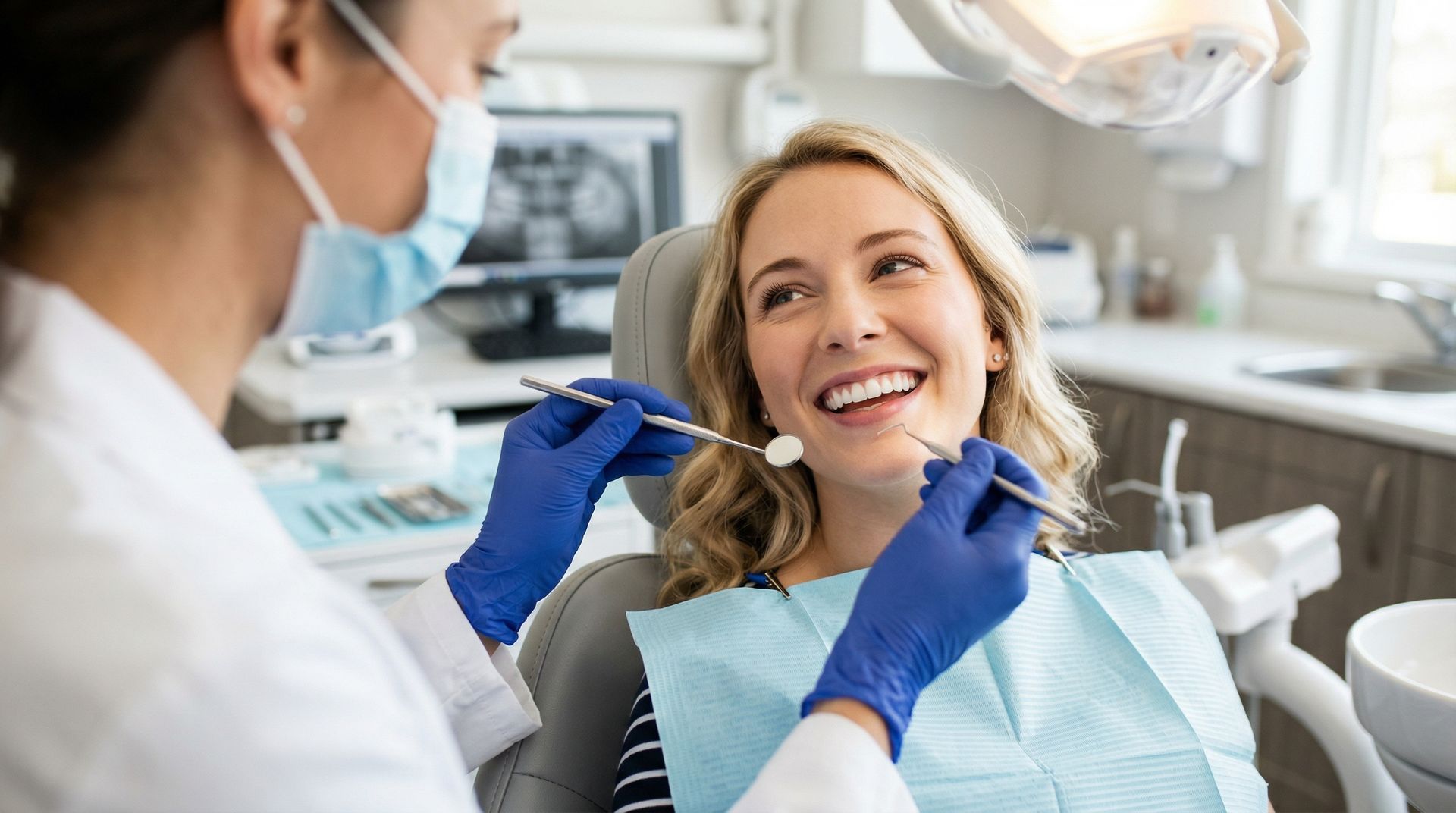Smiling woman in a dental chair as a dentist in blue gloves uses a mirror and probe during an exam. Smiling woman in a dental chair as a dentist in blue gloves uses a mirror and probe during an exam.