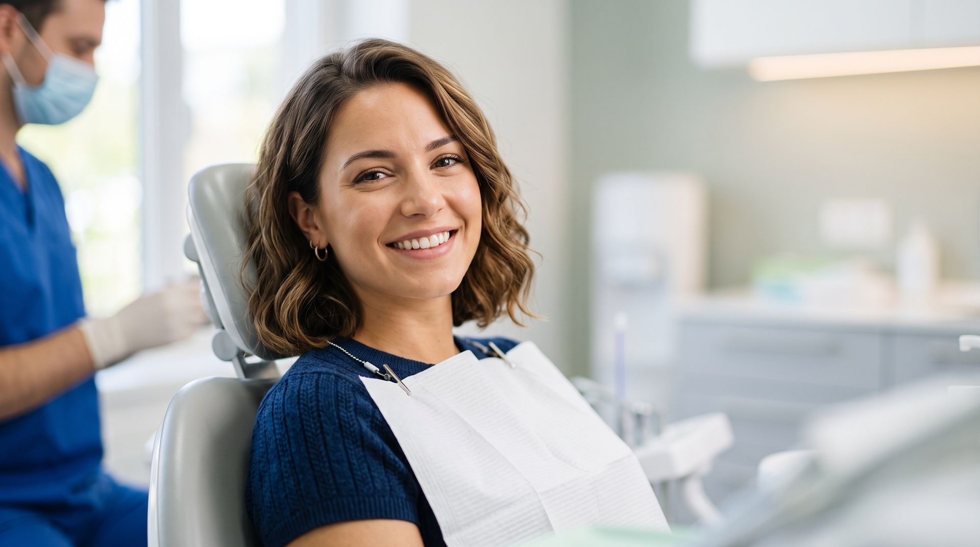 Smiling woman in a dental bib sits in a bright dentist office as a masked hygienist stands nearby.