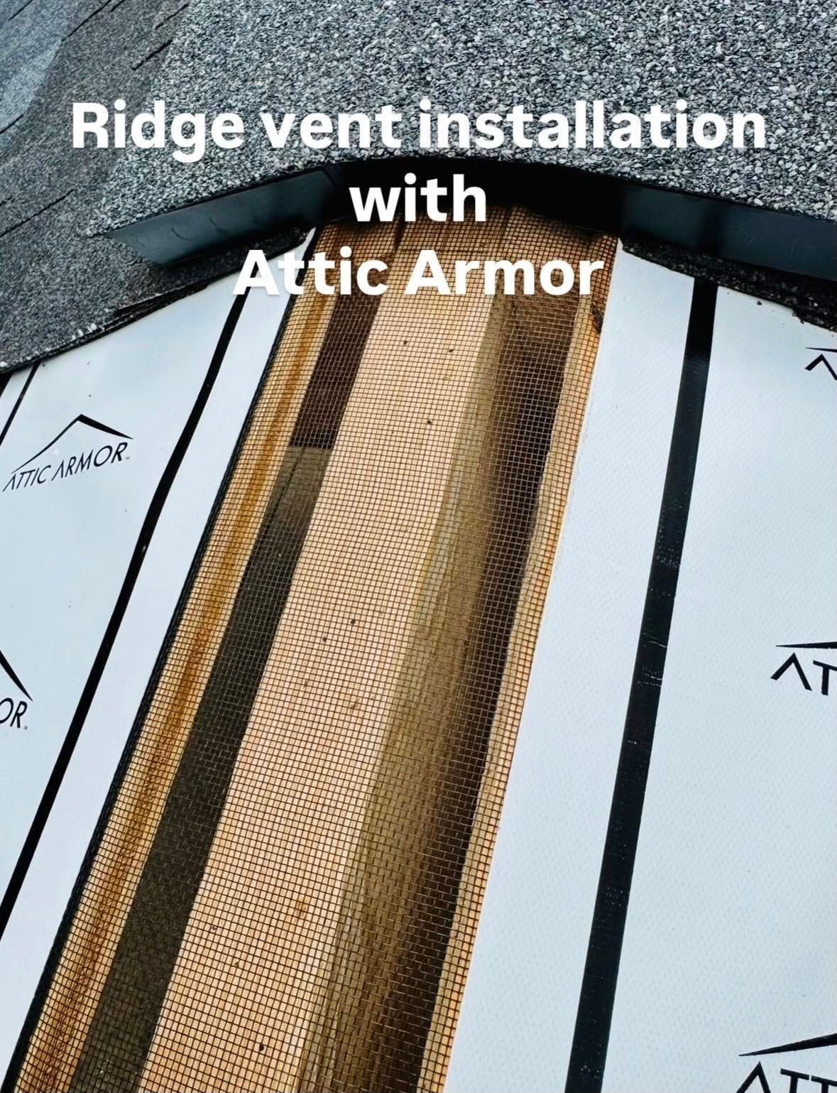 Ridge vent installation with Attic Armor on a roof, showing black roof edges and tan vent material