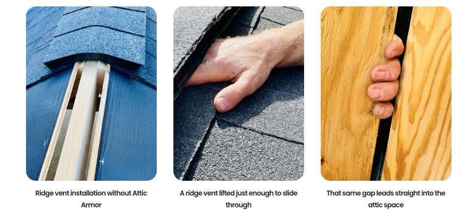 Hand checking asphalt shingles and roof vent on blue roof, showing roofing repair steps