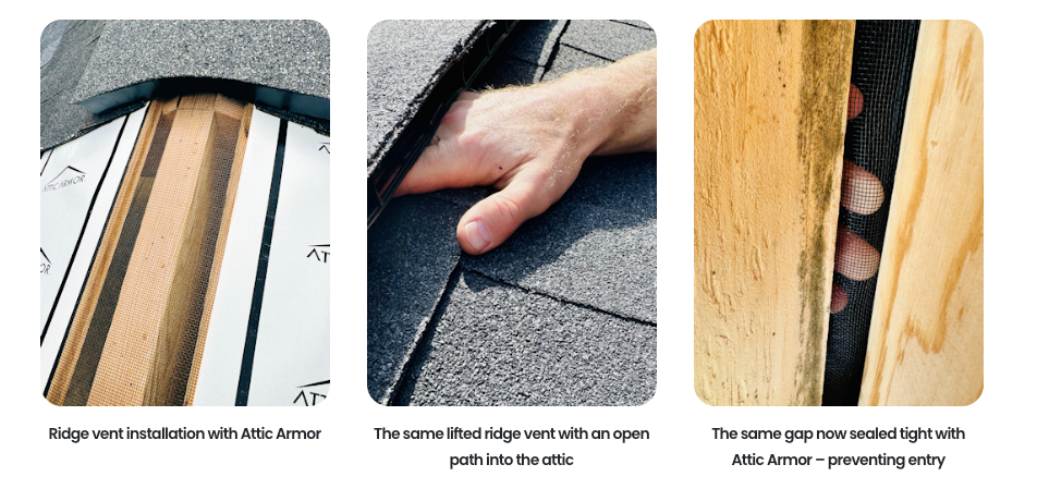 Roof repair steps shown in three close-up panels: flashing, shingle seal, and nail removal at edge of roof