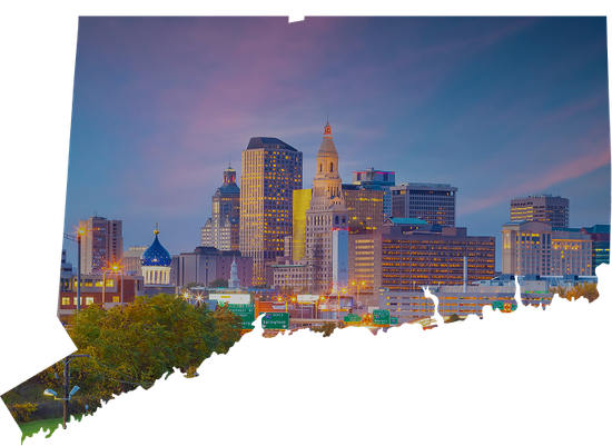 A map of the state of connecticut with a city skyline in the background.