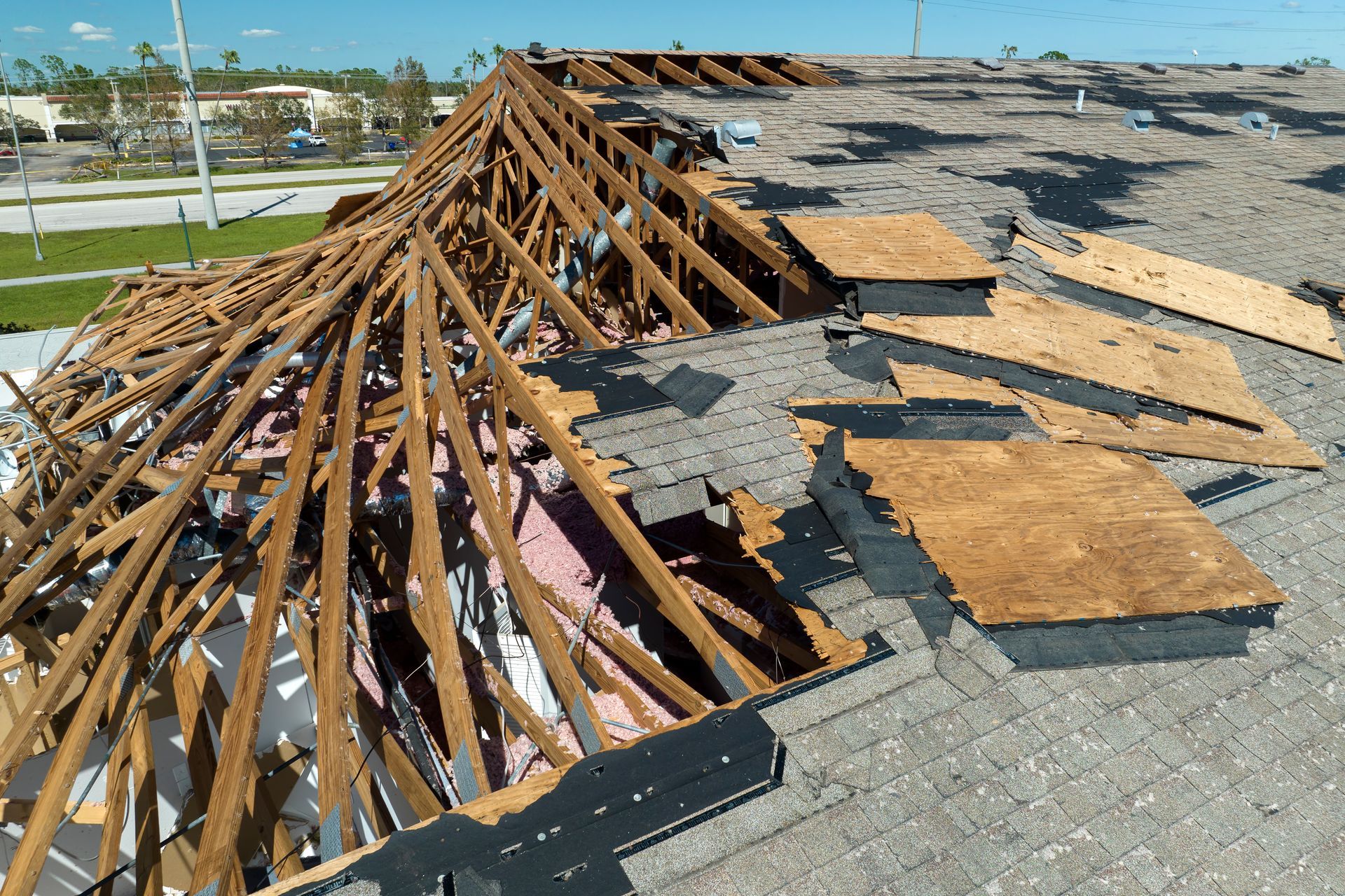 Damaged roof after a storm. Exposed wooden beams, missing shingles, and insulation visible.