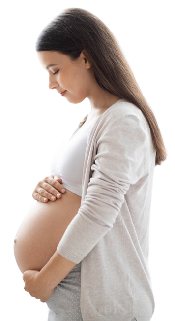 A pregnant woman is holding her belly with both hands.