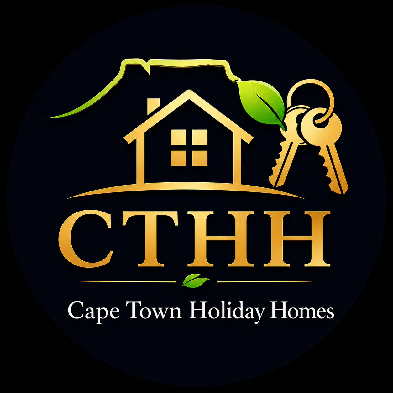 Cape Town Holiday Homes logo with house, keys, green leaf, and gold CTHH text on black background