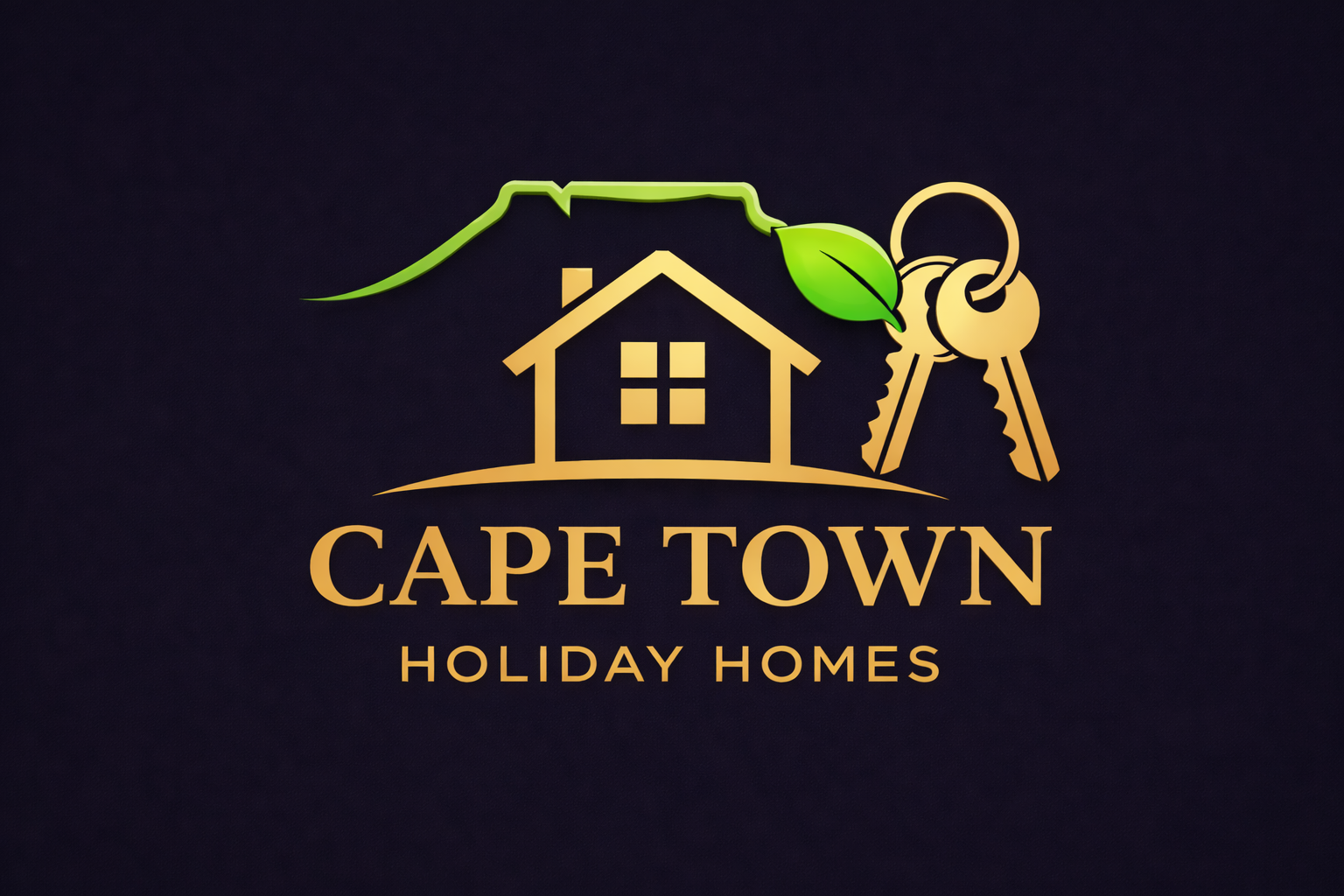 Cape Town Holiday Homes logo with a house, green leaf, and key on a dark background