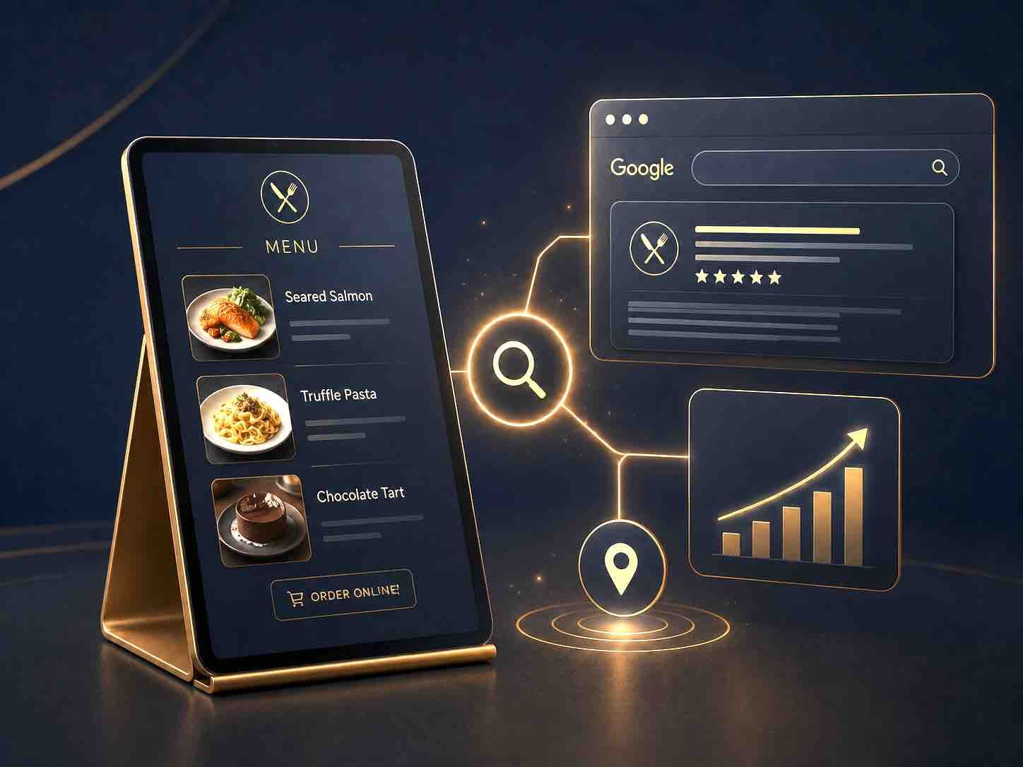 Futuristic glowing app dashboard with food listings, search bar, and rising analytics chart on dark background