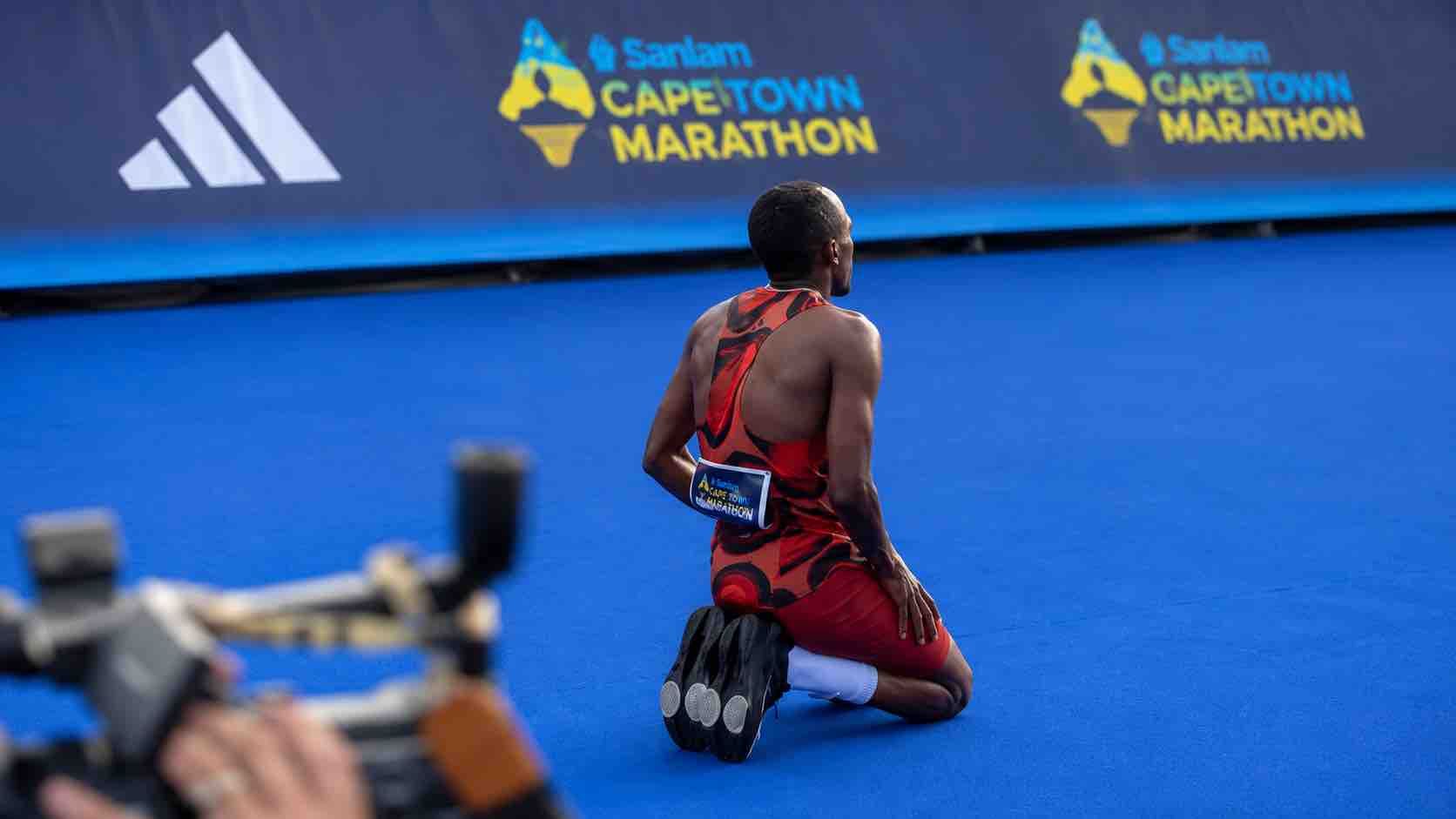 Sanlam Cape Town Marathon 2026 men’s winner Mohamed Esa at Cape Town Stadium