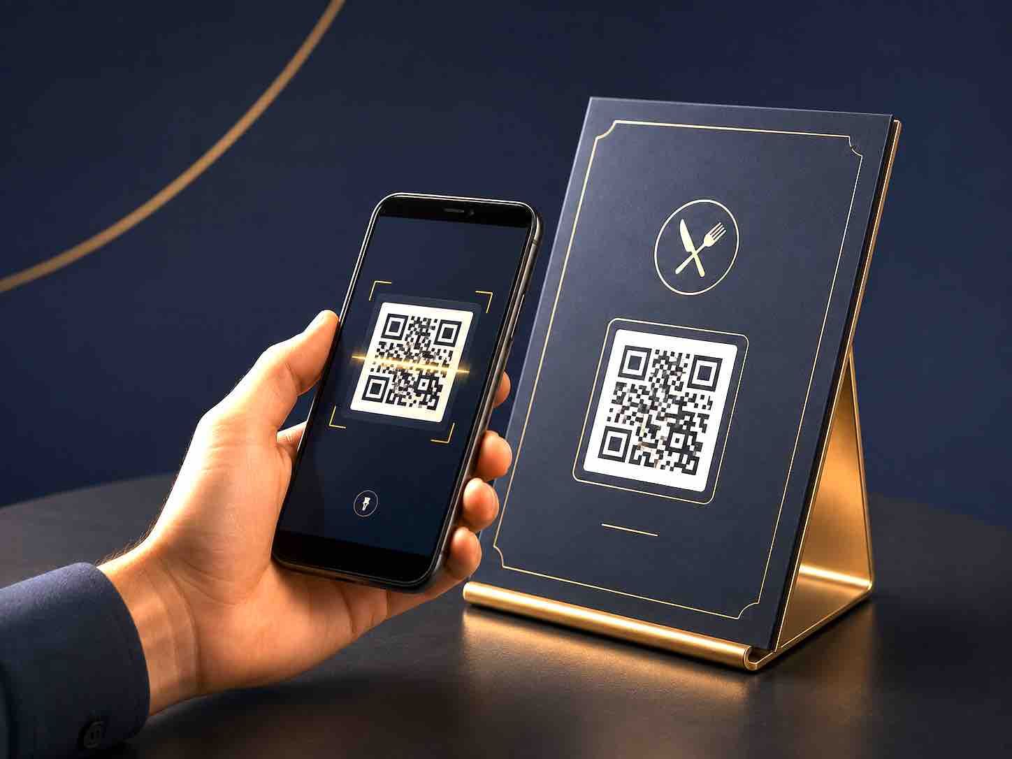 Hand holding a smartphone scanning a QR code beside a QR code display stand