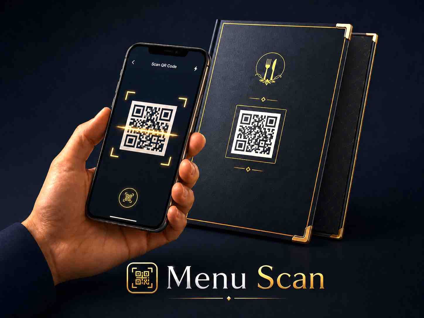 Hand holding a smartphone scanning a QR code on a black menu card, labeled “Menu Scan”