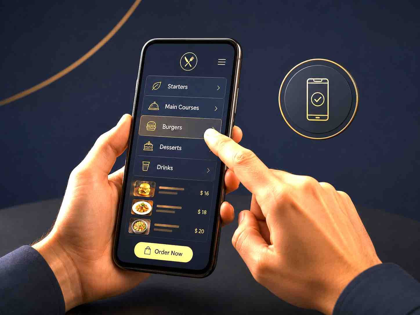 Hands using a smartphone with a dark app interface and a yellow “order” button on a blue background.